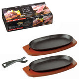 Oval Iron, Wood 2-Piece Steak Plate Set with Wood Tray, Black