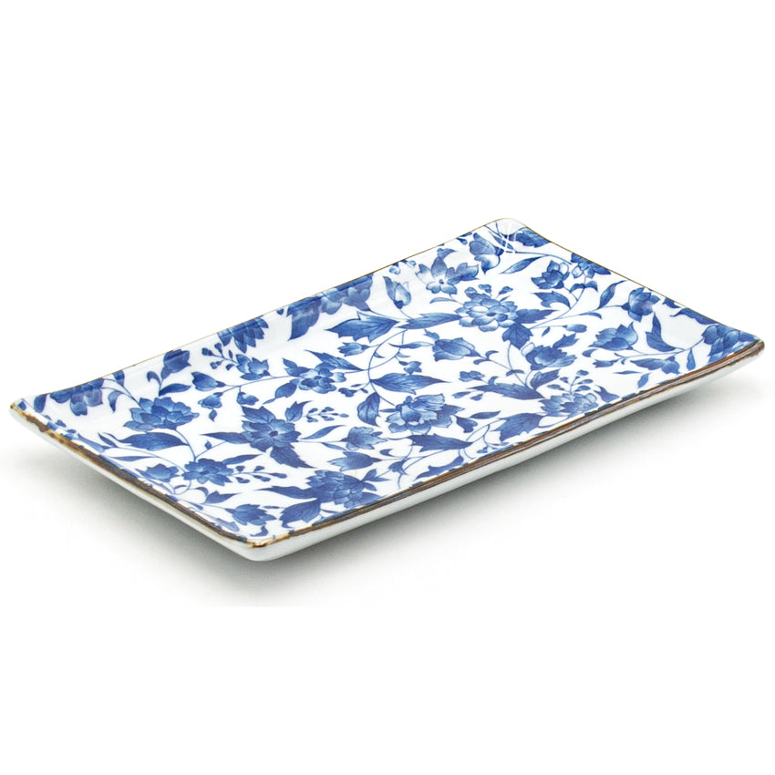 8.5" x 5" Rectangular Ceramic Plate, White, Blue — Floral Design