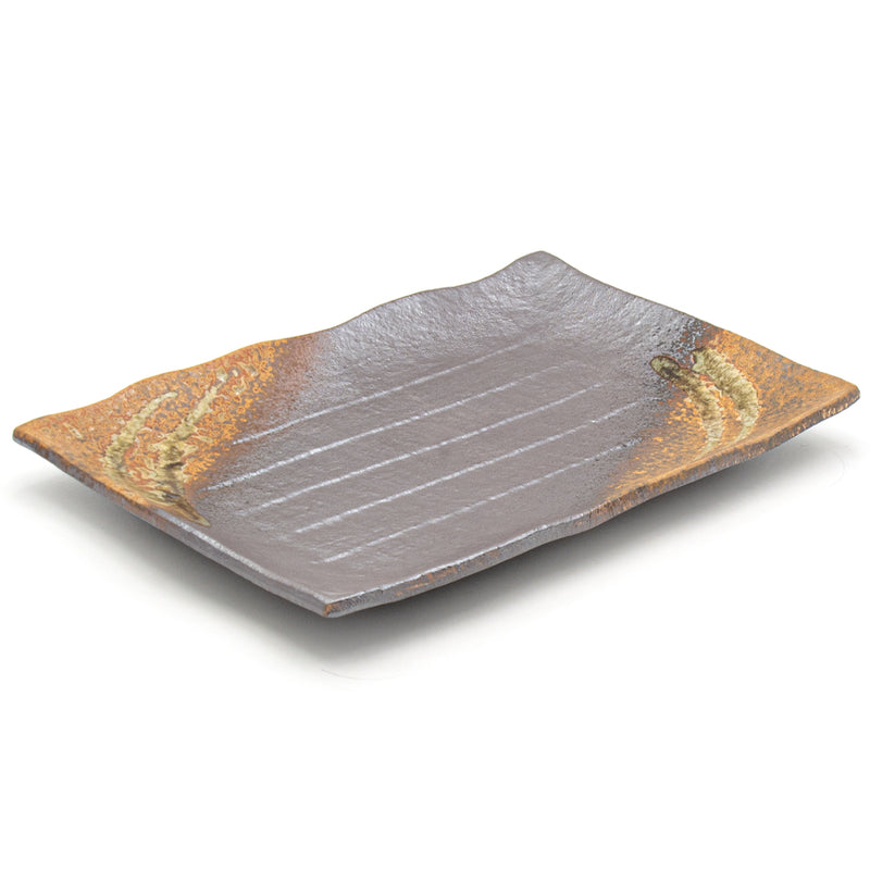 13¾″ × 9½″ Brown & Gray Ceramic Rectangular Serving Platter — A textured rectangle with warm ends