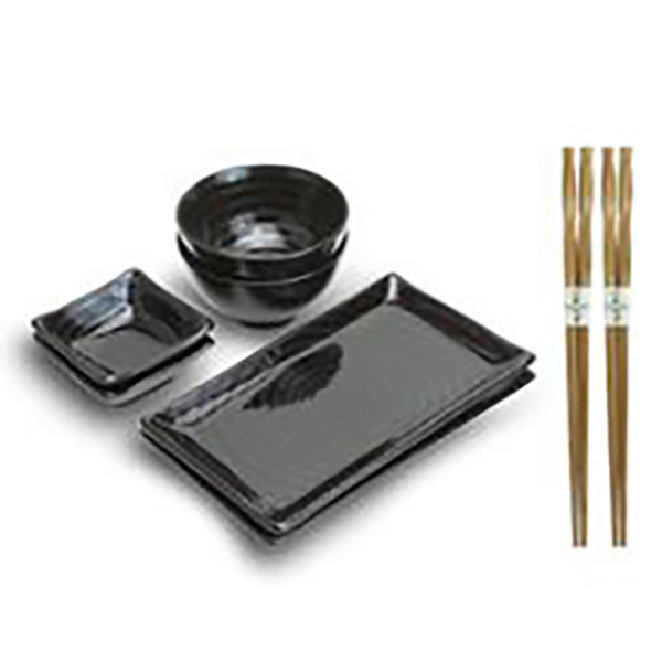 Ceramic, Wood 8-Piece Plate, Bowl & Dish Set with Chopsticks, Black