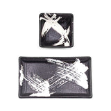 Ceramic, Wood 4-Piece Plate & Dish Set with Chopsticks, Black, White — White Brushstroke Design