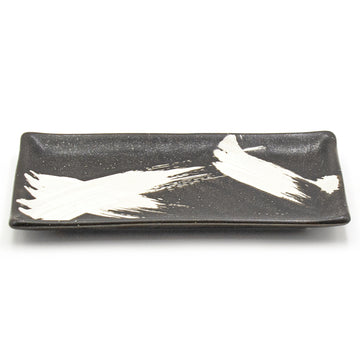 8.65" x 5" Rectangular Ceramic Sushi Plate, Black, White — Black & White Brush Stroke Design