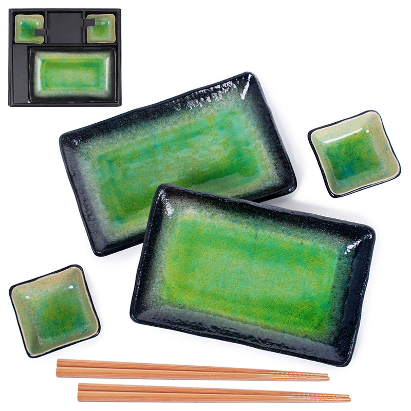 Porcelain 6-Piece Plate & Dish Set with Chopsticks, Green, Black