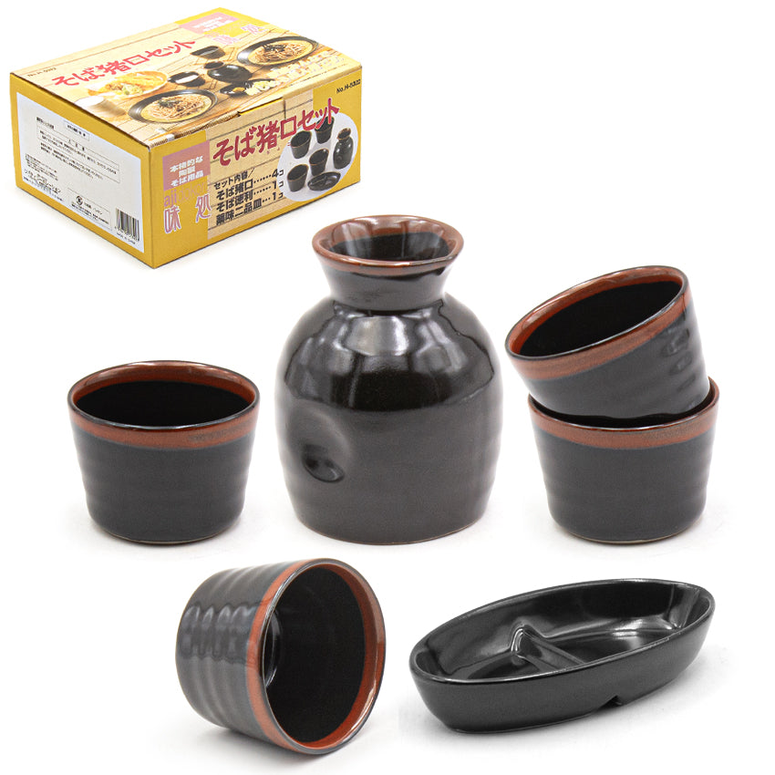 Ceramic 6-Piece Soba Plate & Cup Set, Black, Brown