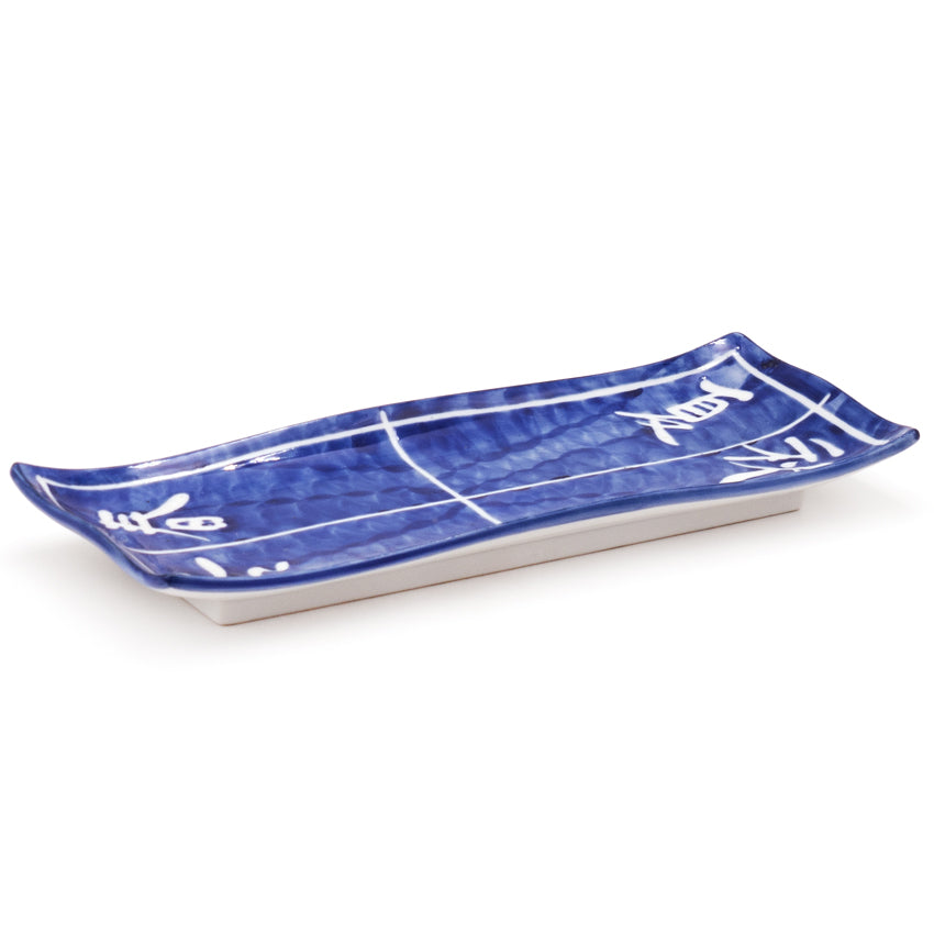 9-3/4" x 4" Rectangular Ceramic Plate, Blue — Chinese Characters for the Four Seasons Design