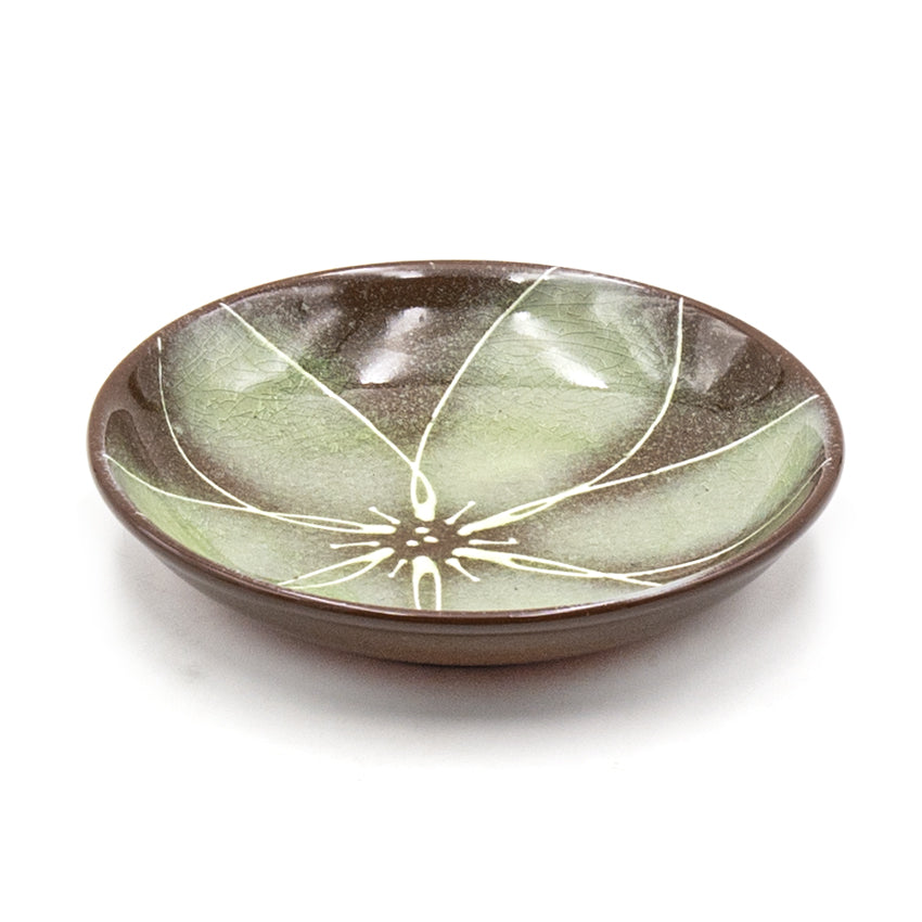 5" Round Ceramic Plate, Green, Brown — Floral Design