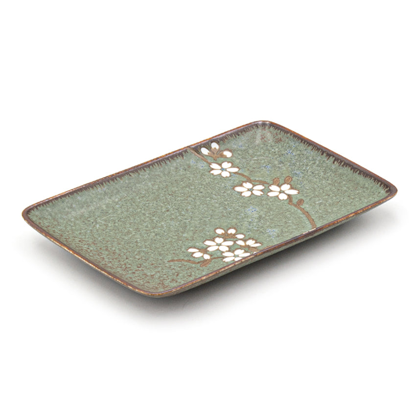 8.15" x 5.25" Rectangular Ceramic Plate, Green — Floral Design