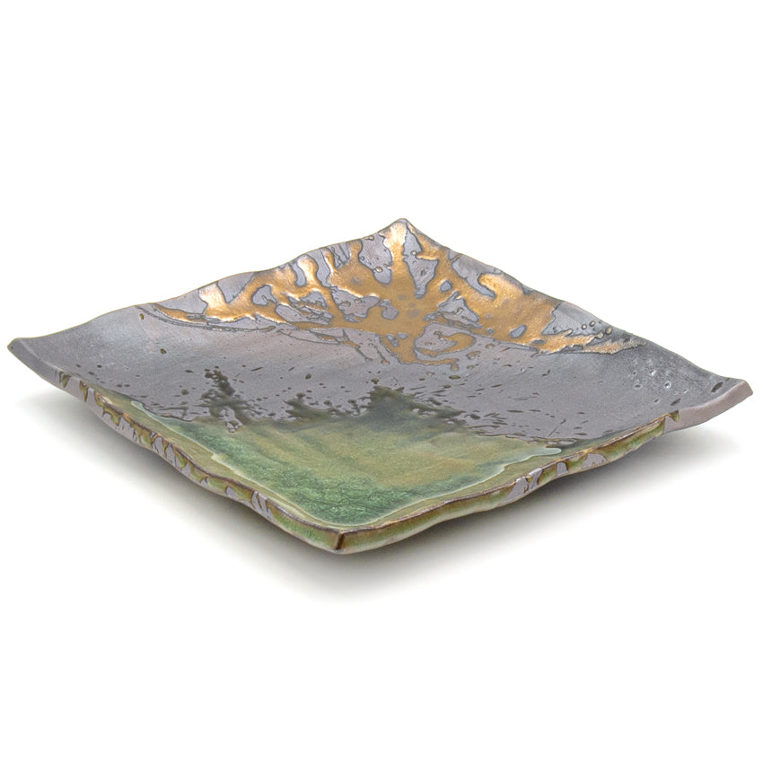 9.75" Square Ceramic Plate, Brown, Green, Gold