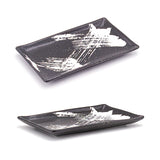 Ceramic, Wood 4-Piece Plate & Dish Set with Chopsticks, Black, White — White Brushstroke Design