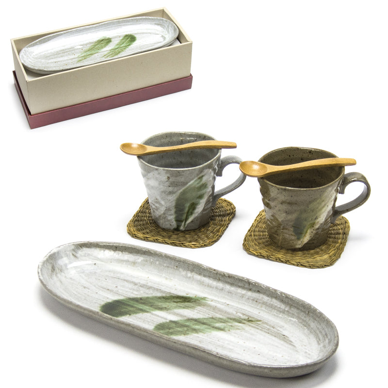 Ceramic, Bamboo, Wood 5-Piece Plate, Mug & Coaster Set, Brown, Gray