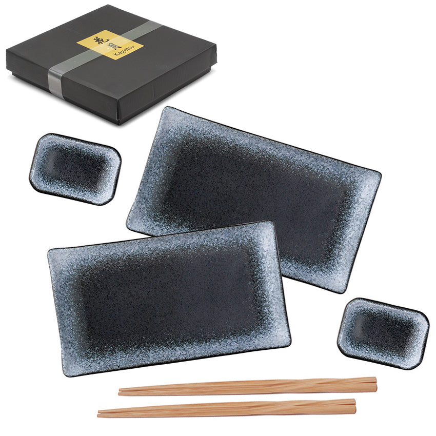 Ceramic, Wood 6-Piece Sushi Plate & Dish Set with Chopsticks, Navy, Blue