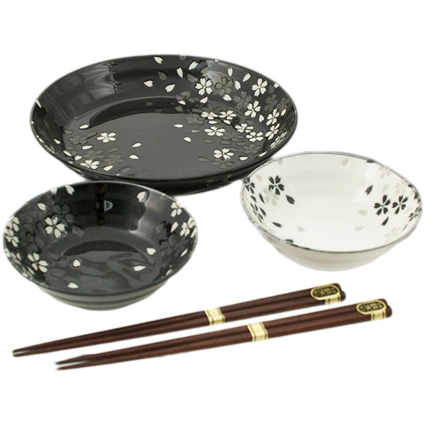 Ceramic 6-Piece Plate & Bowl Set with Chopsticks, Black, White — Floral Design