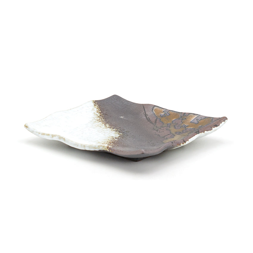 6.25" Square Ceramic Plate, White, Gold, Brown