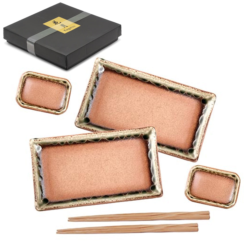 Ceramic, Wood 6-Piece Sushi Plate & Dish Set with Chopsticks, Brown