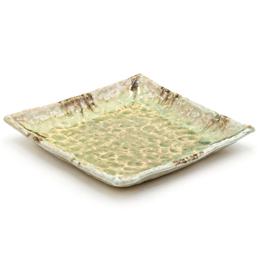 9.65" Square Ceramic Plate, Beige, Green — Oribe Design