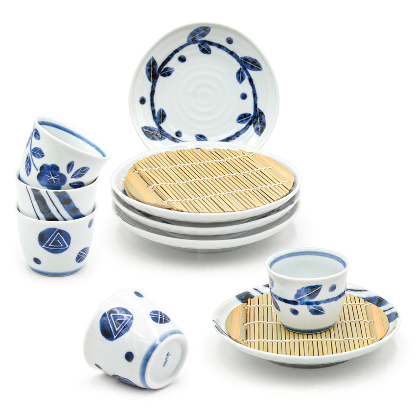 Ceramic, Bamboo 10-Piece Soba Plate & Cup Set with Bamboo Mat, White, Blue — Arabesque Design