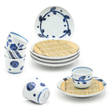 Ceramic, Bamboo 10-Piece Soba Plate & Cup Set with Bamboo Mat, White, Blue — Arabesque Design