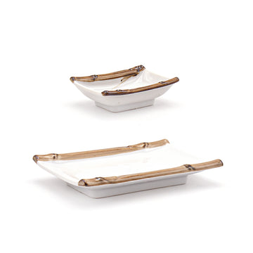 6-3/4" x 4-1/2" Porcelain 2-Piece Plate & Dish Set with Chopsticks, White, Brown