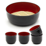 Lacquered Plastic, Bamboo 6-Piece Soba Bowl & Cup Set with Bamboo Mat, Black, Red