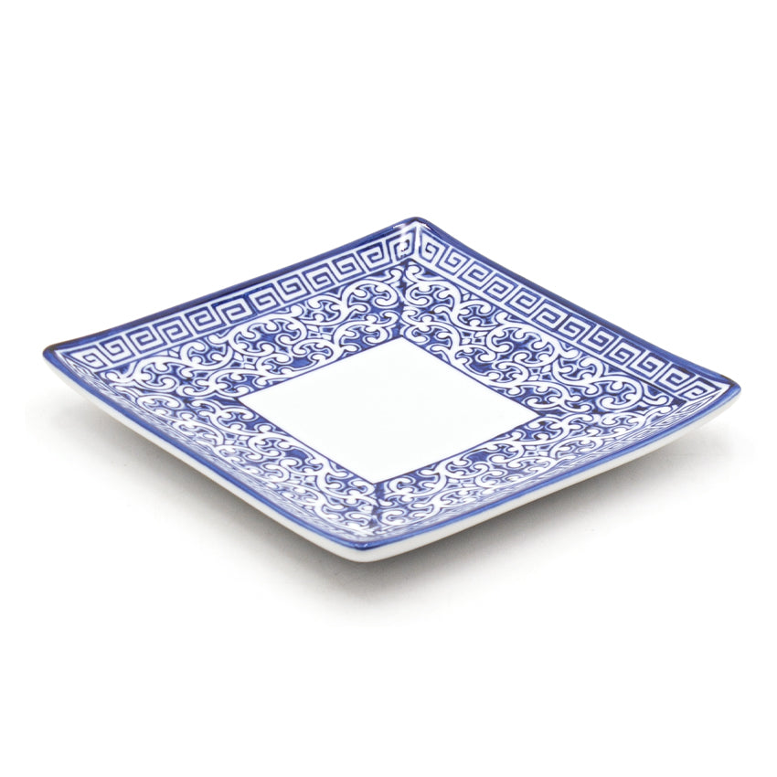6.35" Square Ceramic Plate, White, Blue