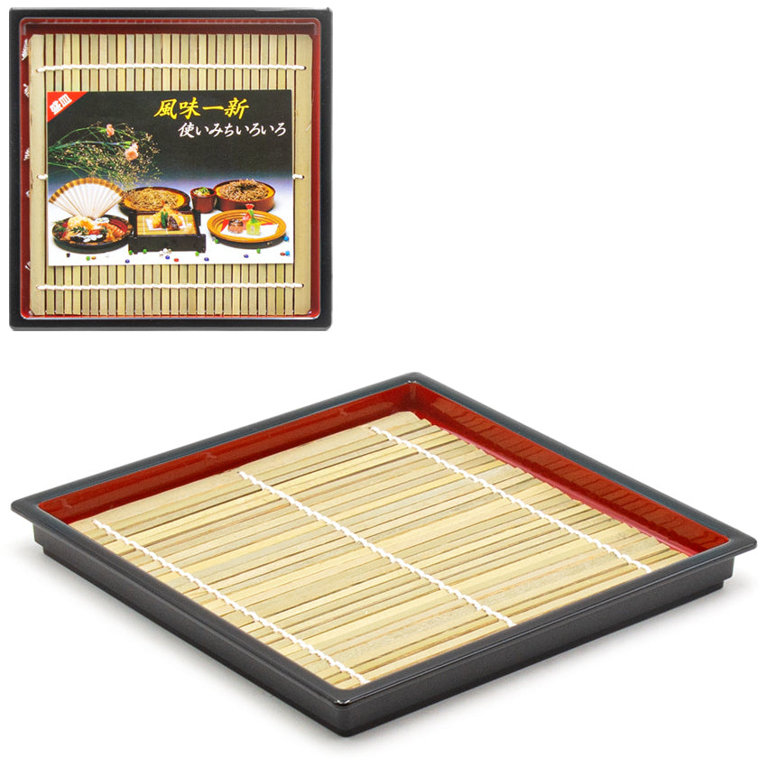 7.75" Square Lacquered Plastic, Bamboo Soba Plate, Black, Red