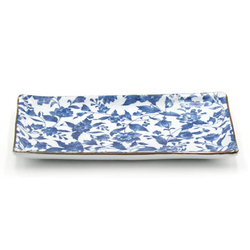 8.5" x 5" Rectangular Ceramic Plate, White, Blue — Floral Design