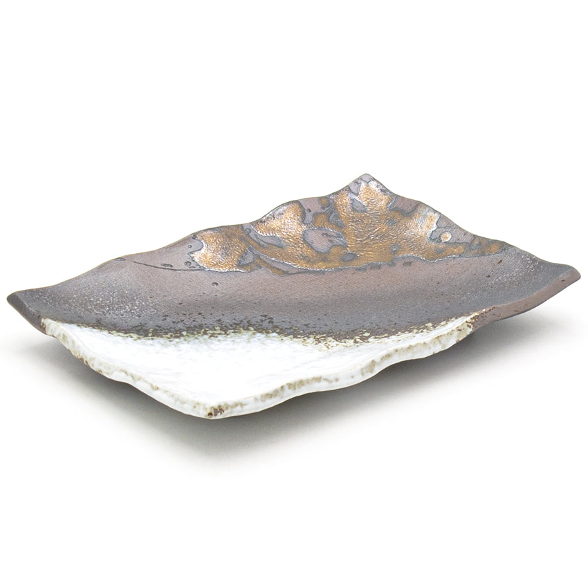 8.85" x 6" Rectangular Ceramic Plate, White, Brown, Gold
