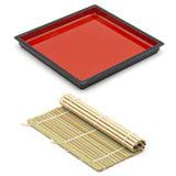 7.75" Square Lacquered Plastic, Bamboo Soba Plate, Black, Red