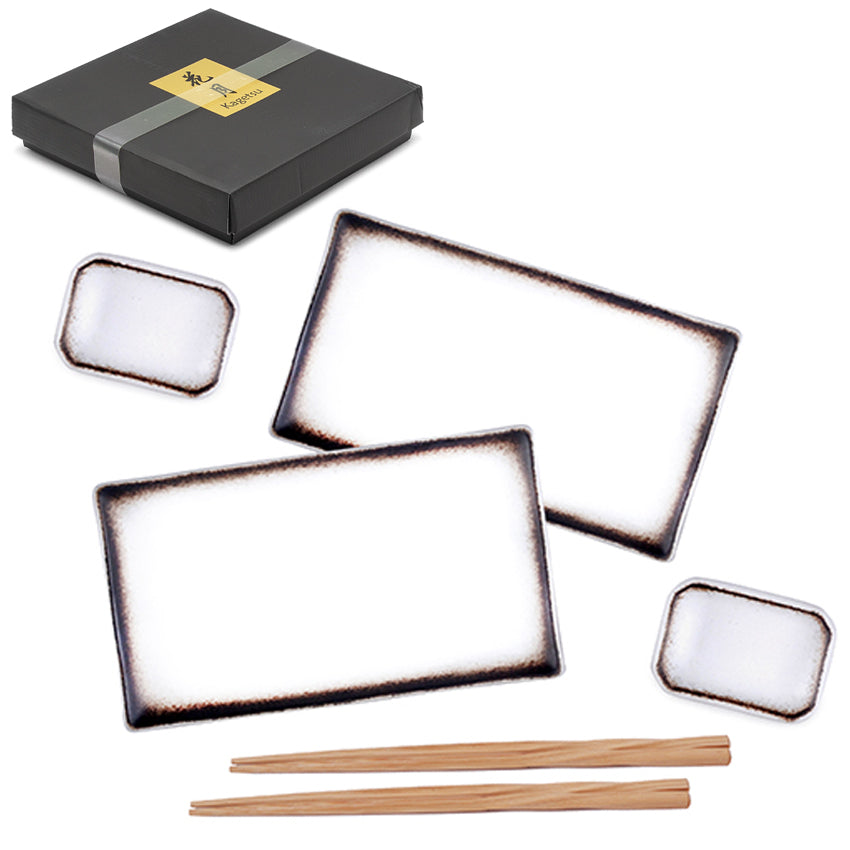 Ceramic, Wood 6-Piece Sushi Plate & Dish Set with Chopsticks, White, Brown