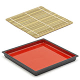 7.75" Square Lacquered Plastic, Bamboo Soba Plate, Black, Red