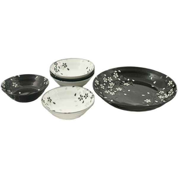 Ceramic 6-Piece Plate & Bowl Set, Black, White — Floral Design