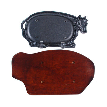 12" x 7" Cow Iron, Wood Steak Plate with Wood Base, Black