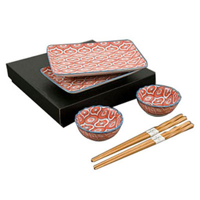 Ceramic 6-Piece Plate & Bowl Set with Chopsticks, Red — Floral Design