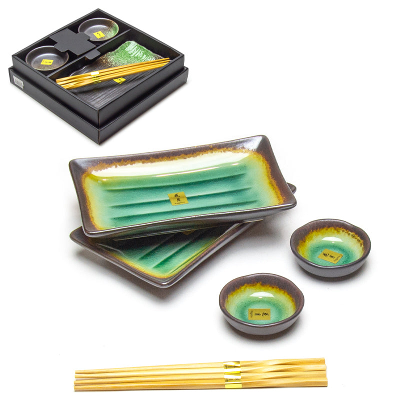 Ceramic, Wood 6-Piece Plate & Dish Set with Chopsticks, Blue