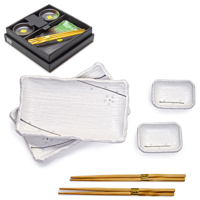 Ceramic, Wood 6-Piece Plate & Dish Set with Chopsticks, White