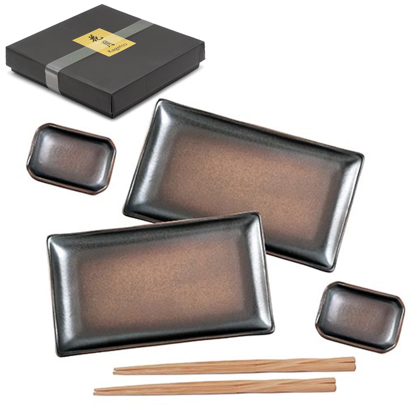 Ceramic, Wood 6-Piece Sushi Plate & Dish Set with Chopsticks, Brown