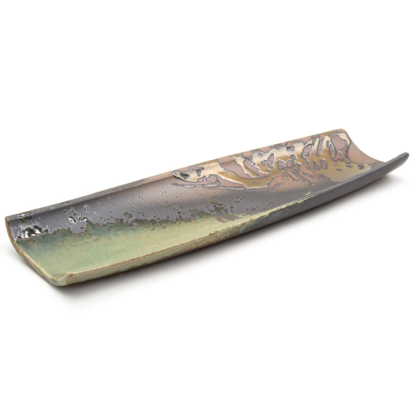 16.5" x 5.25" Rectangular Ceramic Plate, Green, Brown, Gold