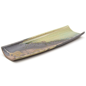 16.5" x 5.25" Rectangular Ceramic Plate, Green, Brown, Gold