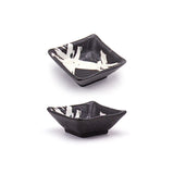 Ceramic, Wood 4-Piece Plate & Dish Set with Chopsticks, Black, White — White Brushstroke Design