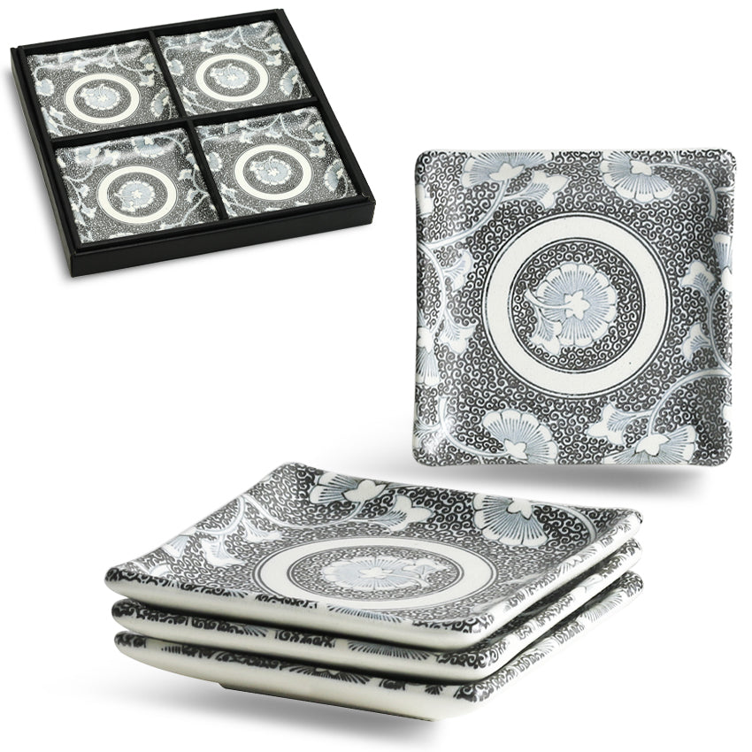 5" Square Ceramic 4-Piece Plate Set, Beige, Brown — Karakusa Design