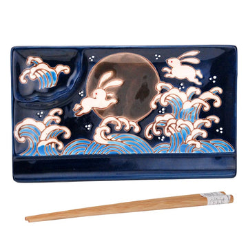 8" Rectangular Divided Plate with Chopsticks, Blue