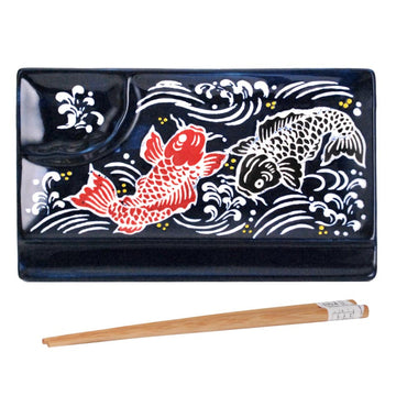 8" x 5" Rectangular Ceramic, Wood Divided Plate with Chopsticks, Blue