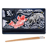 8" x 5" Rectangular Ceramic, Wood Divided Plate with Chopsticks, Blue