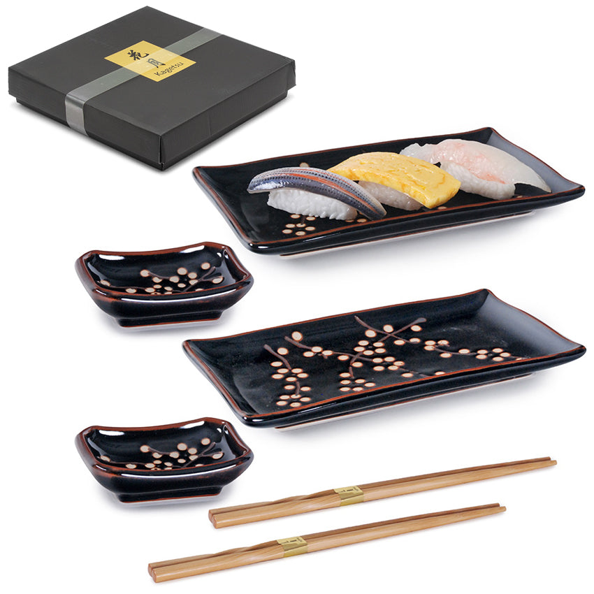 Ceramic, Wood 6-Piece Sushi Plate & Dish Set with Chopsticks, Black