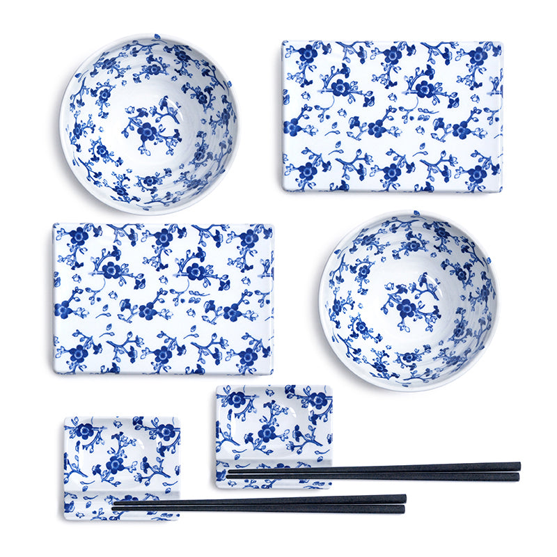 Melamine 8-Piece Sushi Plate, Bowl & Dish Set with Chopsticks, White, Blue