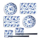 Melamine 8-Piece Sushi Plate, Bowl & Dish Set with Chopsticks, White, Blue