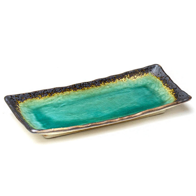 11" x 3.75" Rectangular Ceramic Plate, Blue, Green