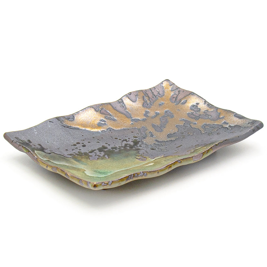 8.85" x 6" Rectangular Ceramic Plate, Brown, Green, Gold