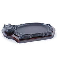12" x 7" Cow Iron, Wood Steak Plate with Wood Base, Black