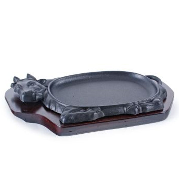 12" x 7" Cow Iron, Wood Steak Plate with Wood Base, Black